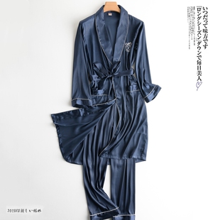 夏季冰丝睡袍睡衣套装男仿真丝绸长袖浴袍男士春秋季薄款大码浴衣