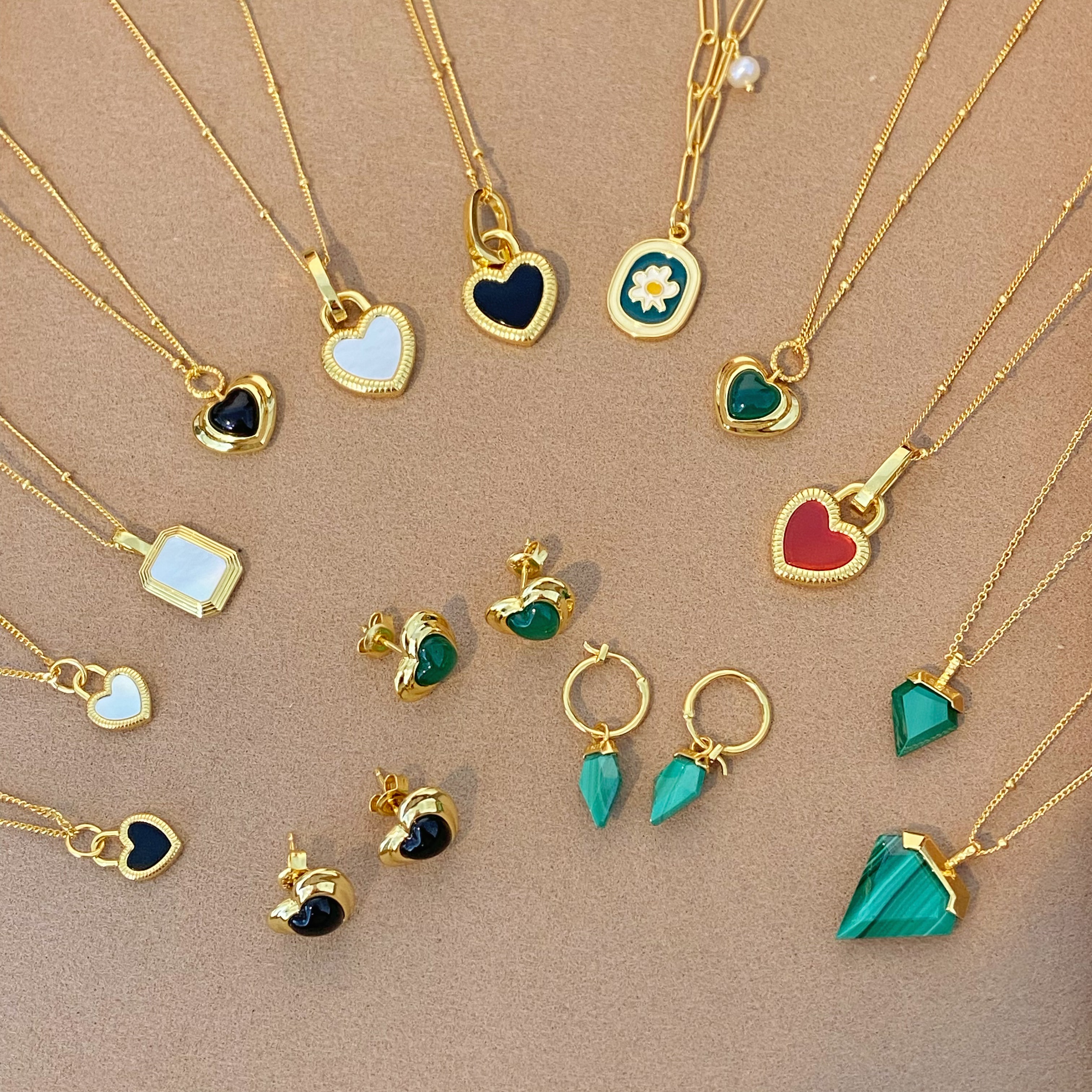 特价！清 通体925纯银镀金项链耳钉白贝母黑玛瑙孔雀石