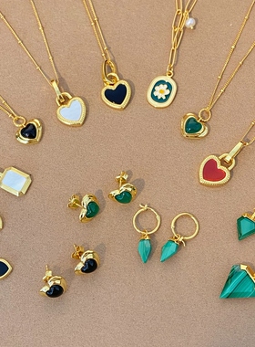 特价！清 通体925纯银镀金项链耳钉白贝母黑玛瑙孔雀石