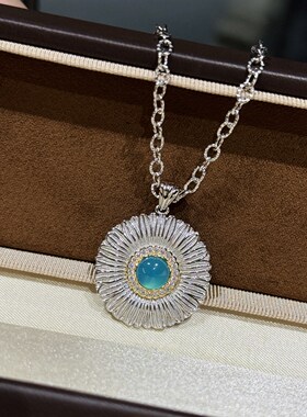 欧美时尚布契风雏菊太阳花项链通体925纯银大号圆形吊坠拉丝褶皱