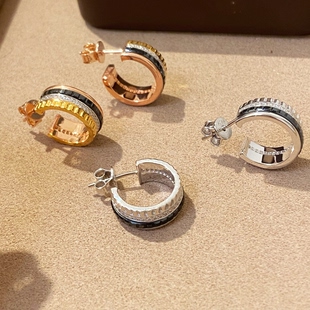 欧美小众三排钻黑陶瓷耳环通体925纯银意大利工艺齿轮耳钉男女