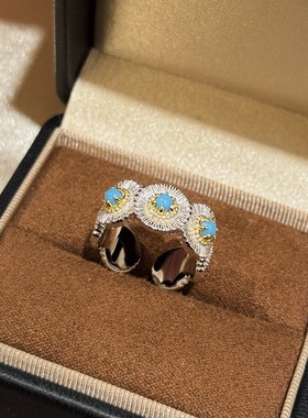 新款布契风小雏菊戒指通体925纯银花朵开口女戒蓝松石设计师款
