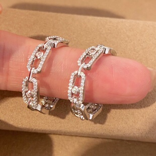 刘亦菲同款回形针耳环女通体925纯银耳圈满钻长方形气质简约耳饰