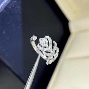 宝家明星同款孔雀羽毛戒指通体925纯银满钻树叶女戒开口可调节
