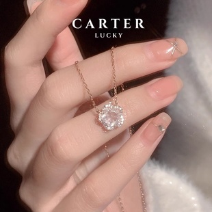 送闺蜜纯银高级感轻奢小众锁骨链 S925银樱花粉水晶项链女2025新款