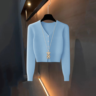 秋冬季高腰短款配吊带裙外搭开衫V领百搭修身显瘦外套上衣披肩女