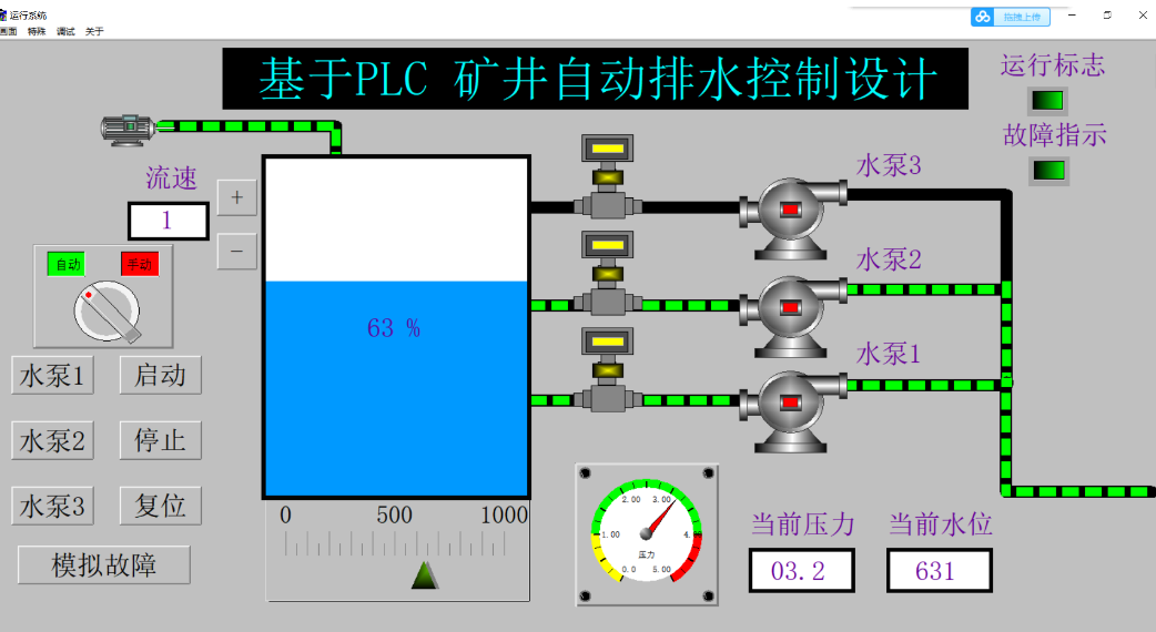 矿井自动排水控制组态王6.55仿真T130带西门子s7200程序cad原理图