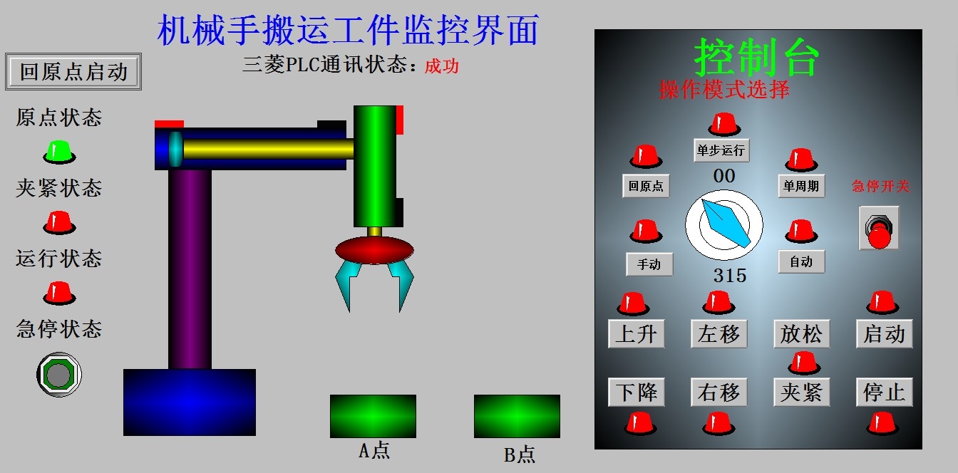 机械手三菱FXPLC和组态王6.55联机程序2带io分配表work2软件急停