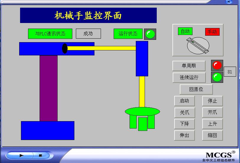 机械手搬运工件mcgs7.6和西门子S7-200PLC联机运行程序代做写工控