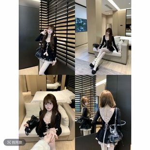 【现货】纯欲风chic甜辣套装裙女2025年新款挂脖蕾丝拼接套装