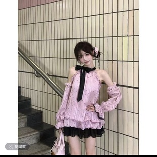 蕾丝复古连衣裙女秋 粉色日系古早千金挂脖连衣裙辣妹长袖 现货