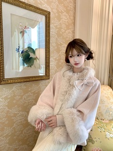 【现货】初梦 粉荔千金 以假乱真环保毛拼接单面呢斗篷大衣外套