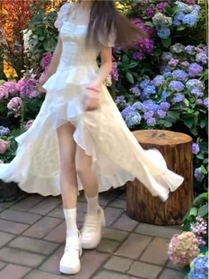 【现货】“夏梦花房”茶歇不规则前短后长裙摆收腰甜美方领连衣裙