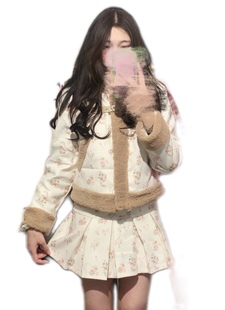 复古显瘦碎花拼接毛毛短外套 焦糖布蕾 冬季 半裙套装 现货