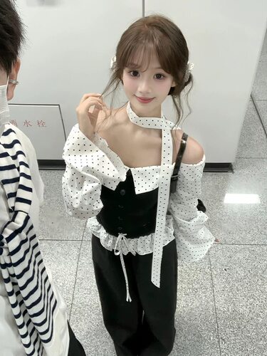 【现货】H2AN1 STUDIO波点芭蕾风长袖一字肩抹胸上衣阔腿裤套装