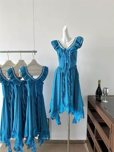 【现货】海岛椰椰蓝大蝴蝶结露背蓝色碎花裙女夏连衣裙长裙