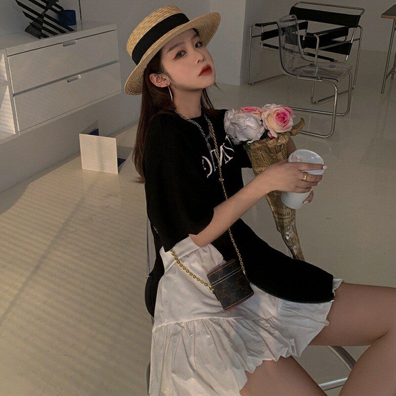 여름 스포츠 슈트 임부복 스커트 패셔너블한 연령 감소 플리츠 배 지지 스커트 투피스 세트 얇은 반팔 티셔츠