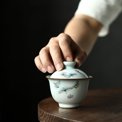 官窑汝窑景德镇陶瓷茶碗粉彩蝶恋花岩茶盖碗主人杯手工高端茶具