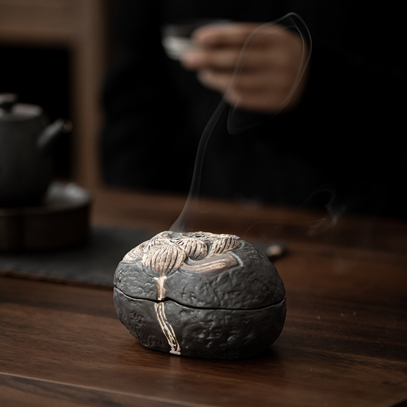 侘寂风手工盛莲香炉粗陶仿古陶瓷盘香炉小号香道熏香炉新中式香插
