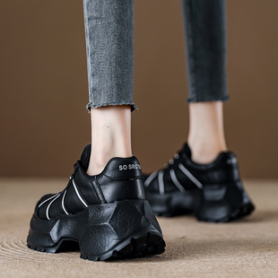 女款 秋季 欧货爆款 真皮厚底增高黑色老爹鞋 头层牛皮软底轻便运动鞋