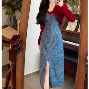 茶歇法式 大码 早春季 穿搭新中式 小众设计牛仔吊带连衣裙子两件套装