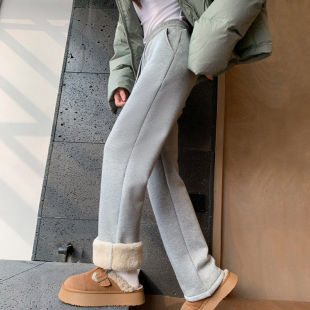 女冬季 灰色裤 加长版 秋冬加绒直筒休闲羊羔绒卫裤 子 高个子女裤 棉裤