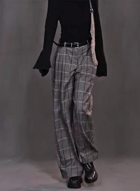 英伦风灰色格子垂感西装裤女秋冬新款胖mm宽松时髦高腰拖地弯刀裤