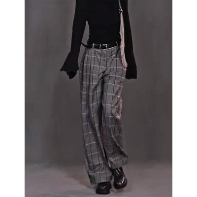 英伦风灰色格子垂感西装裤女秋冬新款胖mm宽松时髦高腰拖地弯刀裤
