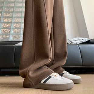 女冬季 秋冬加长裤 加厚毛呢直筒裤 弯刀香蕉裤 子 窄版 咖色加绒阔腿裤