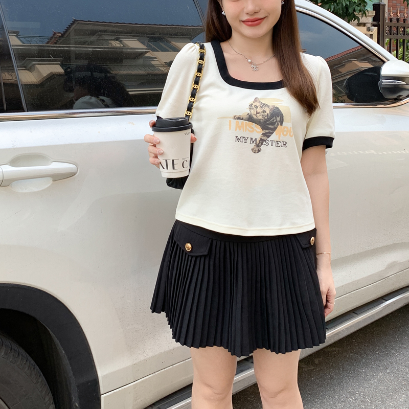 LEO&DADA定制大码女装方领显瘦上衣夏季短款宽松猫咪印花短袖t恤