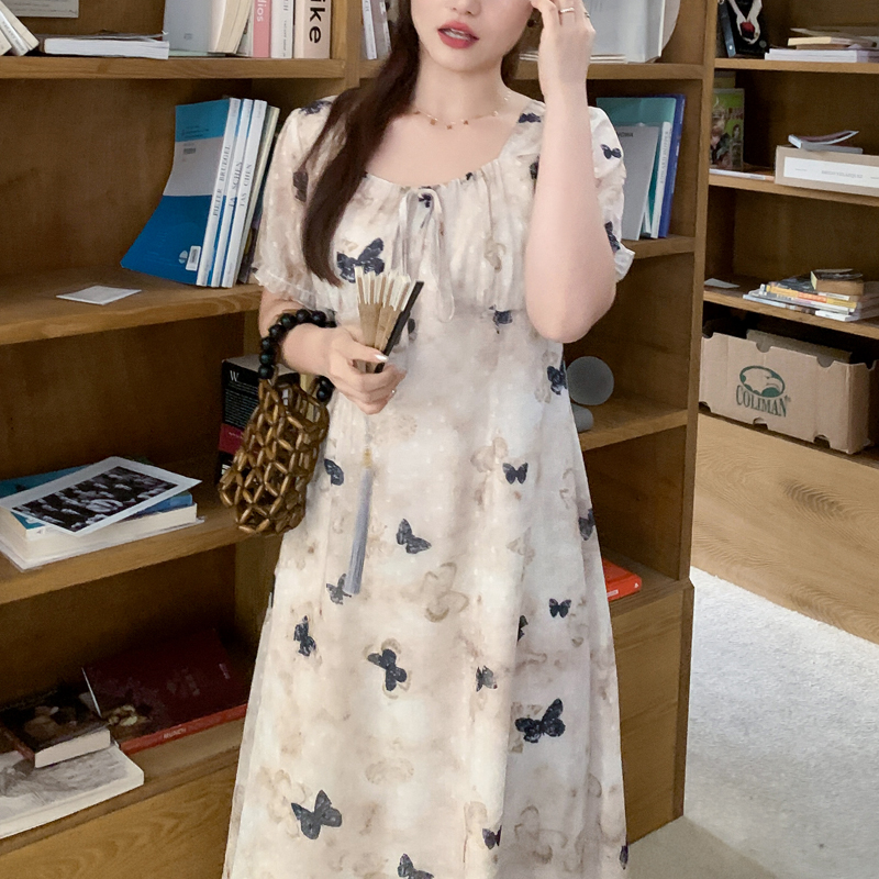 LEO&DADA定制复古方领泡泡袖蝴蝶绑带连衣裙大码女装胖妞显瘦长裙