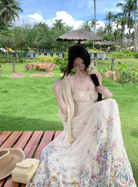 白水女 美神降临 渐变印花雪纺吊带连衣裙女收腰显瘦法式气质长裙