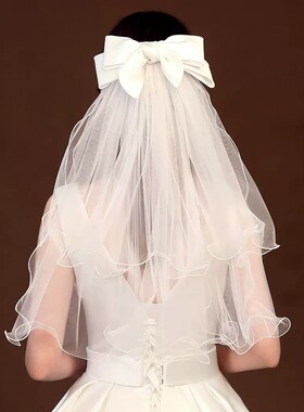 白色头纱头饰领证求婚拍照道具新娘结婚订婚登记主婚纱女蓬蓬小短