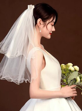 新娘头纱头饰超仙结婚拍照道具短款森系婚纱头纱领证白色头纱简约