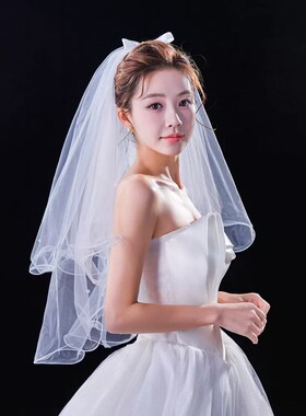 领证结婚头纱蓬蓬纱求婚登记新娘头饰拍照道具头饰白色蝴蝶结发夹