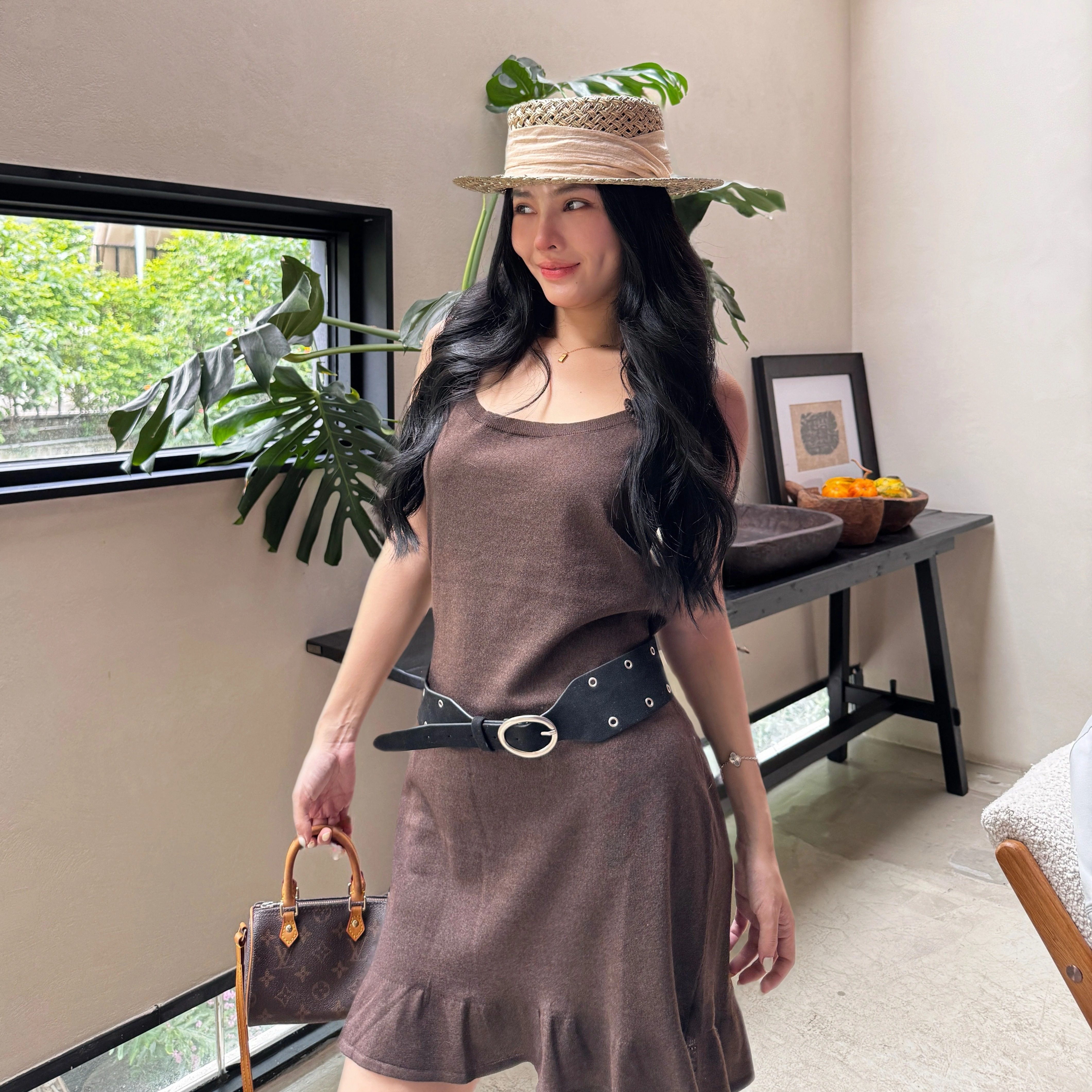 DATOU 松果可可美拉德夏季新款复古荷叶边手工钩花针织鱼尾连衣裙