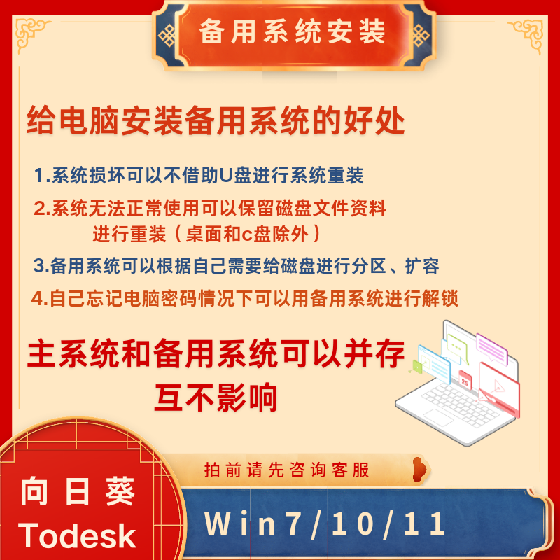 电脑系统安装重装win7/10/11远程维修升级蓝屏死机黑屏修复
