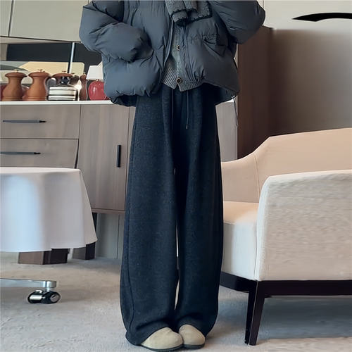 文恭子加绒毛呢弯刀裤冬季高腰显瘦慵懒软糯裤垂坠感阔腿云朵裤子