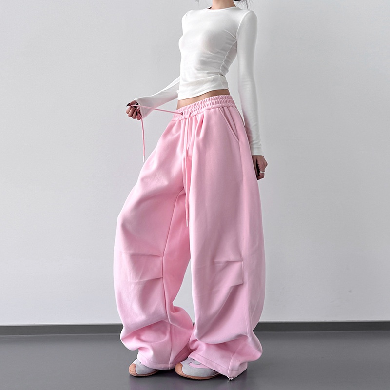 TROLL粉色少女运动裤女2025秋季新款爆款韩系chic穿搭阔腿休闲裤.