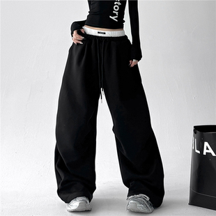 双腰头直筒阔腿裤 文恭子黑色卫裤 休闲运动裤 高腰街头美式 子 女秋季