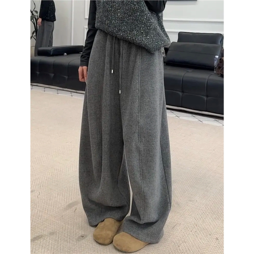 文恭子加绒毛呢弯刀裤秋冬高腰宽松慵懒风云朵裤休闲运动阔腿裤子
