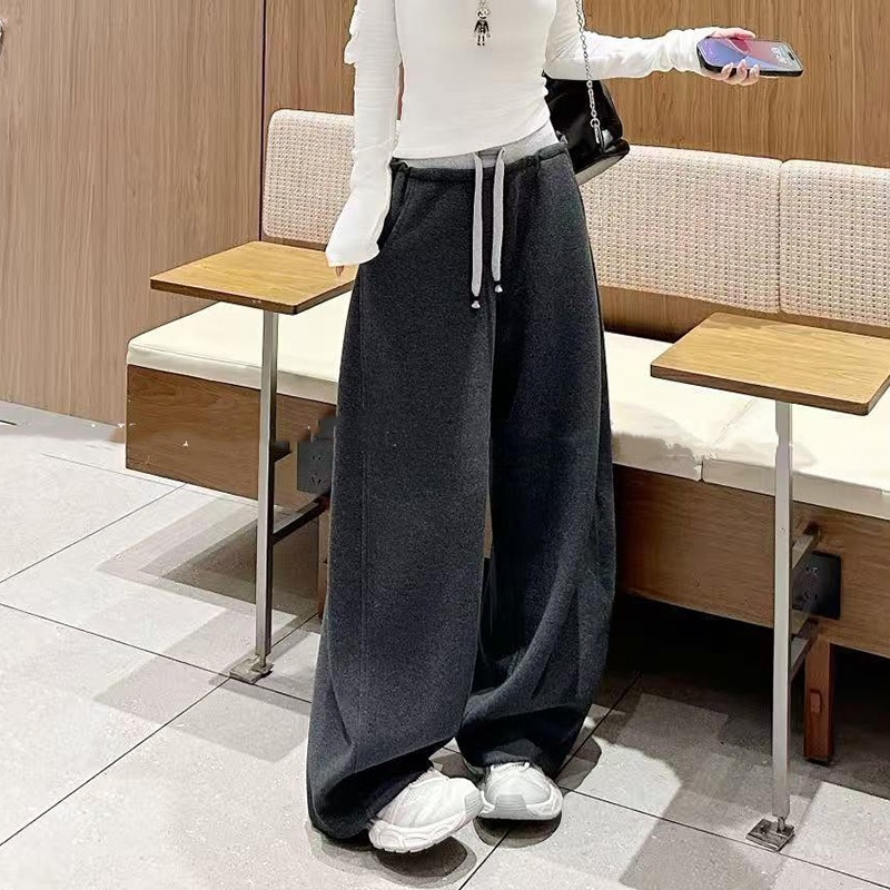 文恭子高腰拼接休闲裤卫裤女秋冬加绒垂感宽松显瘦阔腿裤直筒裤子