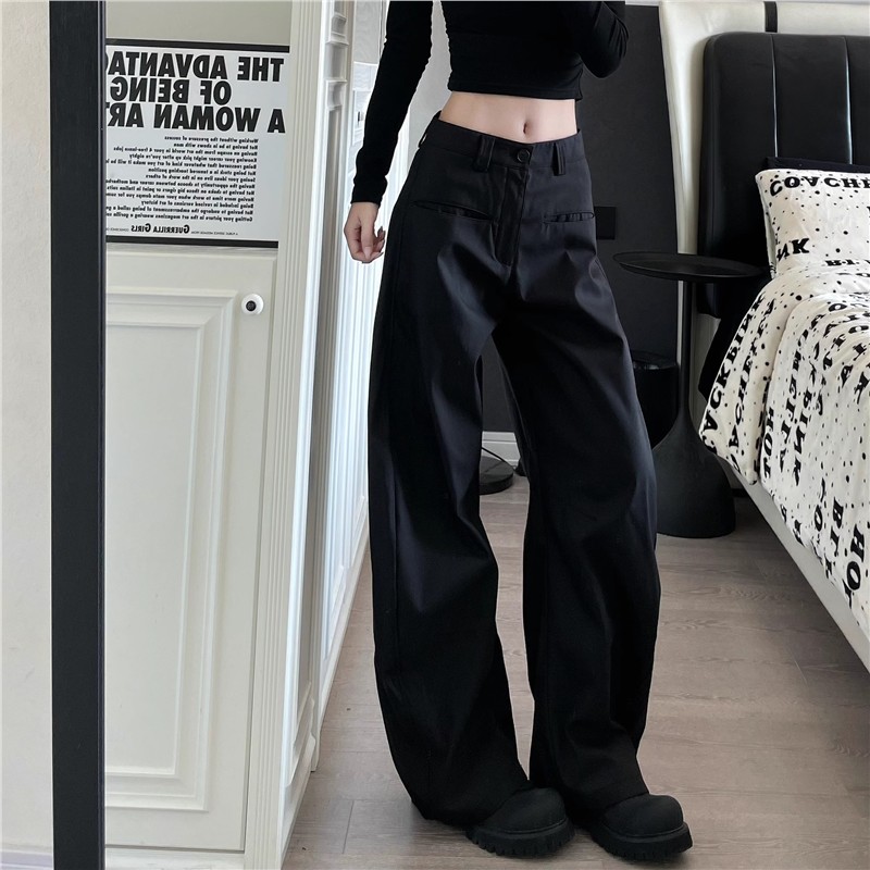 TROLL复古cleanfit黑色休闲裤弯刀西裤垂坠感高级感阔腿香蕉裤女.