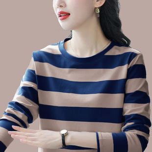 显瘦条纹打底衫 纯棉长袖 宽松大码 t恤女春秋薄款 内搭上衣 2025新款