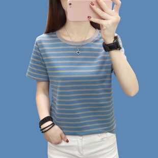 条纹夏装 宽松显瘦遮肚胖mm短袖 纯棉薄款 女装 t恤上衣 复古大码 经典