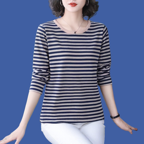 纯棉条纹长袖t恤女春秋装新款中年妈妈打底衫小衫宽松大码上衣服