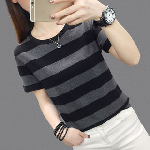 夏装短袖宽松遮肚女士纯棉条纹T恤中老年妈妈款洋气宽松休闲上衣