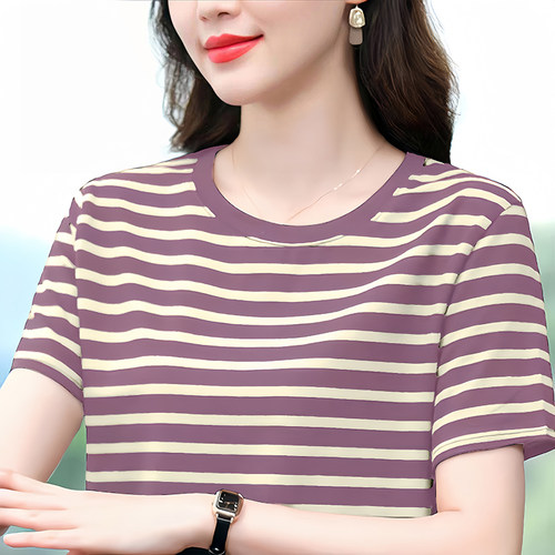 胖mm大码纯棉短袖t恤女夏季条纹显瘦妈妈正肩洋气宽松遮肚子上衣