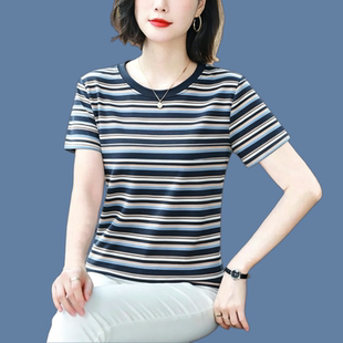 纯棉短袖t恤女 2026夏装新款中老年妈妈半袖大码条纹体恤减龄上衣