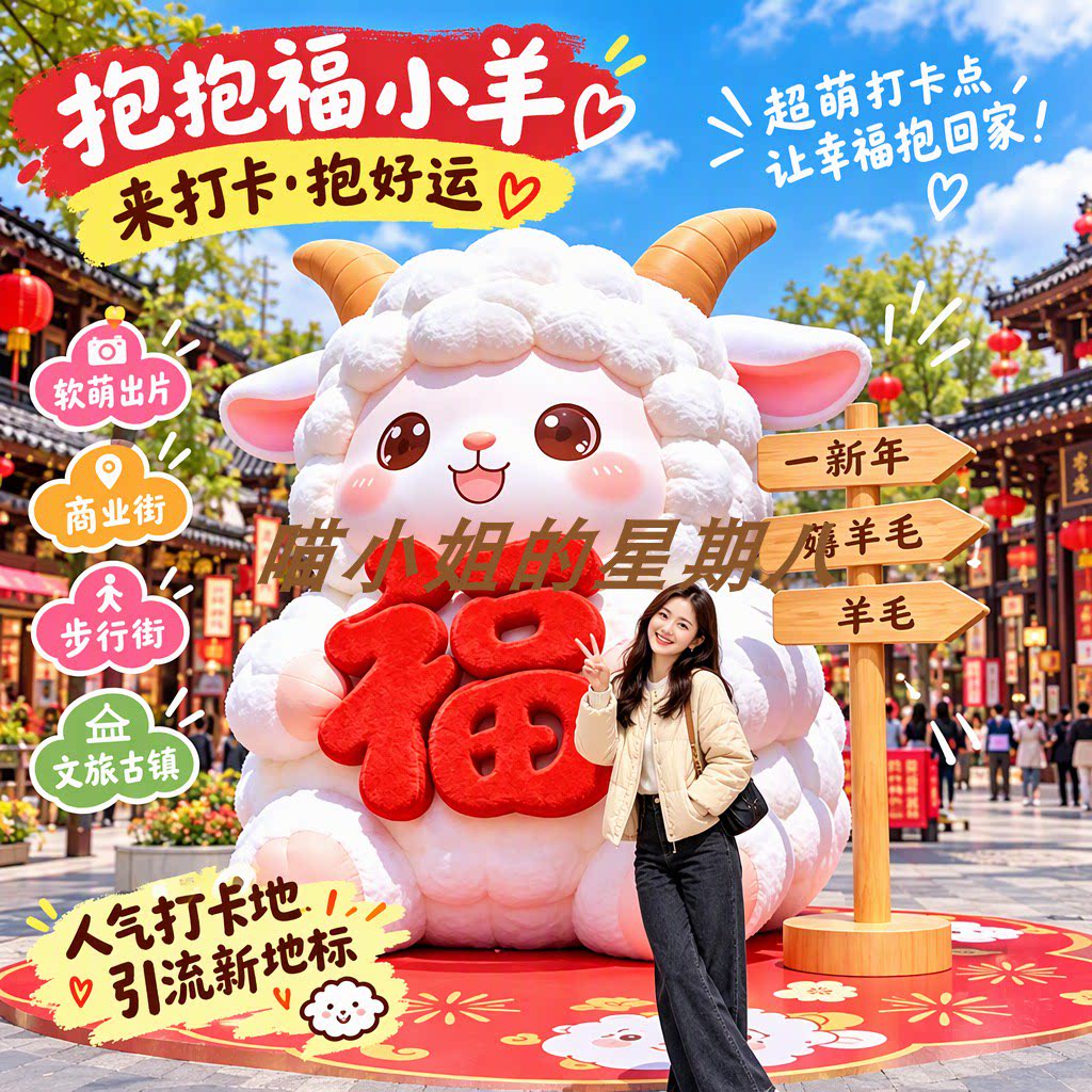 新年抱抱福巨型毛绒羊造型美陈摆件商场拍照道具景区古镇打卡大羊